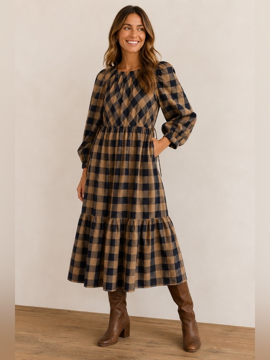 summersalt Dresses & Skirts - Summersalt Tiered Midi Dress Buffalo Plaid Puff Sleeve Brown Navy Size S